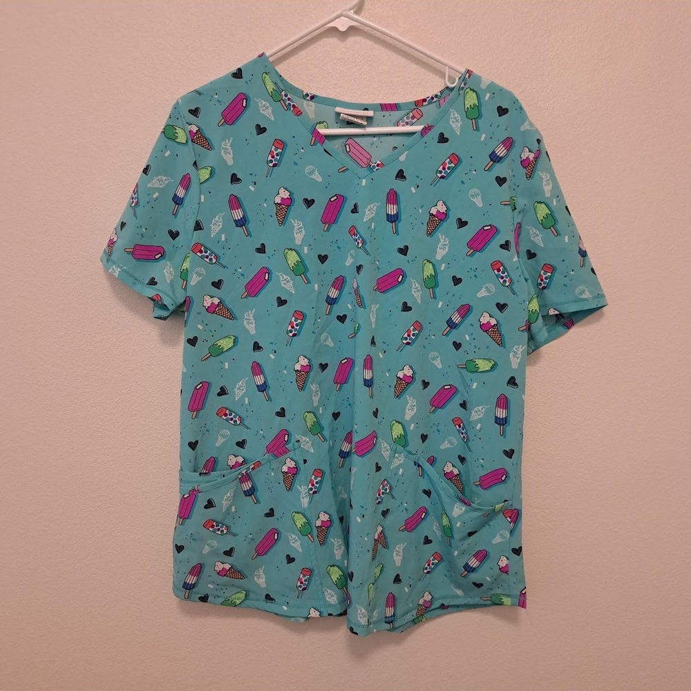 ScrubStar Womens Ice Cream Popsicle Print Scrub Top Blue V-Neck Large WM32T738GG